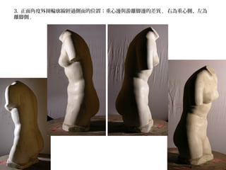 3. 正面角度外圍輪廓線經過側面的位置：重心邊與游離脚邊的差異 , 右為重心側、左為
離脚側 .
 