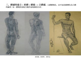 三、體感的建立：形體 + 體積 --> 立體感。人體體塊化，由平面思維轉化為立體
的練習 , 每一體塊皆需配合動作展現個別方位 .
焦聖偉、林秀玪 、廖笠安
 
