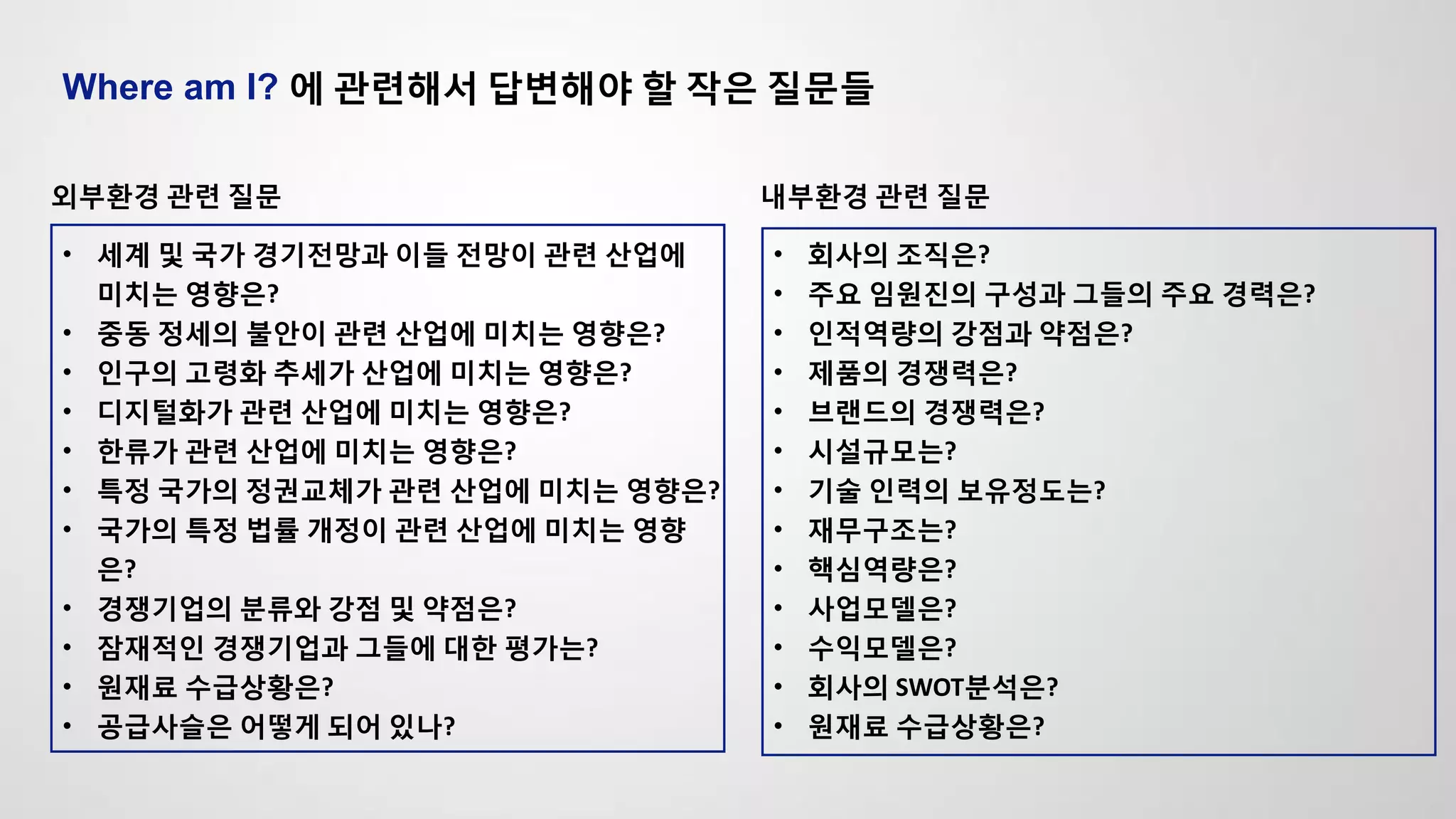 Where am I? 에 관련해서 답변해야 할 작은 질문들
외부환경 관련 질문 내부환경 관련 질문
• 세계 및 국가 경기전망과 이들 전망이 관련 산업에
미치는 영향은?
• 중동 정세의 불안이 관련 산업에 미치는 영향은?
• 인구의 고령화 추세가 산업에 미치는 영향은?
• 디지털화가 관련 산업에 미치는 영향은?
• 한류가 관련 산업에 미치는 영향은?
• 특정 국가의 정권교체가 관련 산업에 미치는 영향은?
• 국가의 특정 법률 개정이 관련 산업에 미치는 영향
은?
• 경쟁기업의 분류와 강점 및 약점은?
• 잠재적인 경쟁기업과 그들에 대한 평가는?
• 원재료 수급상황은?
• 공급사슬은 어떻게 되어 있나?
• 회사의 조직은?
• 주요 임원진의 구성과 그들의 주요 경력은?
• 인적역량의 강점과 약점은?
• 제품의 경쟁력은?
• 브랜드의 경쟁력은?
• 시설규모는?
• 기술 인력의 보유정도는?
• 재무구조는?
• 핵심역량은?
• 사업모델은?
• 수익모델은?
• 회사의 SWOT분석은?
• 원재료 수급상황은?
 