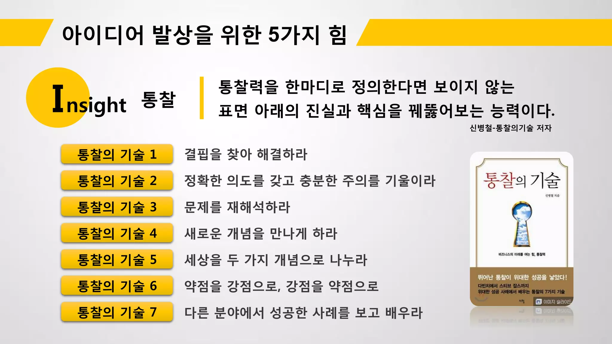 통찰Insight
통찰력을 한마디로 정의한다면 보이지 않는
표면 아래의 진실과 핵심을 꿰뚫어보는 능력이다.
신병철-통찰의기술 저자
통찰의 기술 1
통찰의 기술 2
통찰의 기술 3
통찰의 기술 4
통찰의 기술 5
통찰의 기술 6
통찰의 기술 7
 