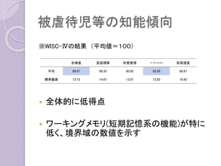 被虐待児等の知能傾向
※WISC-Ⅳの結果 （平均値＝１００）
 全体的に低得点
 ワーキングメモリ(短期記憶系の機能)が特に
低く、境界域の数値を示す
全検査 言語理解 知覚推理 ワーキングメモリ 処理速度
平均 86.67 90.35 90.85 83.50 90.87
標準偏差 13.15 14.67 13.07 15.03 10.42
 