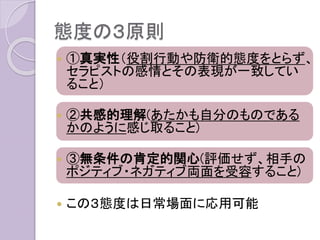 態度の３原則
 ①真実性（役割行動や防衛的態度をとらず、
セラピストの感情とその表現が一致してい
ること）
 ②共感的理解(あたかも自分のものである
かのように感じ取ること)
 ③無条件の肯定的関心(評価せず、相手の
ポジティブ・ネガティブ両面を受容すること)
 この３態度は日常場面に応用可能
 