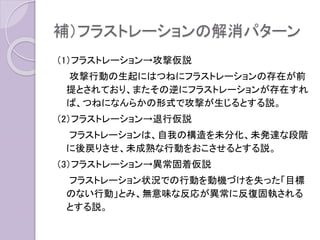 補）フラストレーションの解消パターン
（1）フラストレーション→攻撃仮説
攻撃行動の生起にはつねにフラストレーションの存在が前
提とされており、またその逆にフラストレーションが存在すれ
ば、つねになんらかの形式で攻撃が生じるとする説。
（2）フラストレーション→退行仮説
フラストレーションは、自我の構造を未分化、未発達な段階
に後戻りさせ、未成熟な行動をおこさせるとする説。
（3）フラストレーション→異常固着仮説
フラストレーション状況での行動を動機づけを失った「目標
のない行動」とみ、無意味な反応が異常に反復固執される
とする説。
 