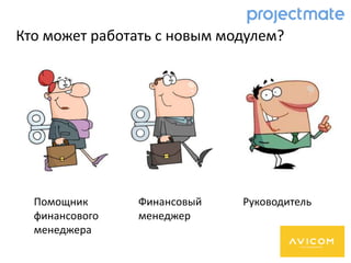Помощник
финансового
менеджера
Финансовый
менеджер
Руководитель
Кто может работать с новым модулем?
 