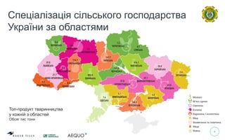 4
Спеціалізація сільського господарства
України за областями
Топ-продукт тваринництва
у кожній з областей
Обсяг тис тонн
 