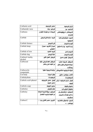 ٢٤٠
ÚïàbiŠbØ@ð’‹m@@Úïàbi‹ÙÜa@àby@@Carbamic acid
ïà@N‡ïàbäŠbØ@@êÜíi@N‡ïàbi‹Ø@@Carbamide=urea
@ðäbØóåŽïéÙŽïqóÜ@LçbØóåïiŠbØ
óäa‹móÔ@@
ça‹ÕÜa@pbàíÕà@æà@Zpbåïi‹Ø@@Carbenes
@aäbØ@ðØóîónŽîìb÷@Z‡ïiŠbØ
óïïäüiŠbØ@@
ðäíi‹Ø@ñÝÐ@kØ‹à@Z‡ïi‹Ø@@Carbide
ñ‡ïiŠbØ@ñòŠìíØ@@ñ‡ïiŠbØ@ç‹Ð@@Carbide furnace
μÝïnó÷@ña‹š@N‡ïiŠbØ@ña‹š@@@bj—à@N‡ïiŠbÙÜa@bj—à
ïÝïnc@@
Carbide lamp
æb÷@ñ‡ïiŠbØ@@‡î‡¨a@‡ïi‹Ø@@Carbide of iron
ñ‡ïiŠbØ@ñŠòŒüØ@@ñ‡ïi‹Ø@sjy@@Carbide slag
Þïóà@ðÜíéØ@NÿüåïiŠbØ@@Þïr¾a@ßízØ@Nßíåïi‹Ø@@Carbinol=methy
alcohol
@ZŒíÜó‚@óäüiŠbØ@NÿüØüiŠbØ
@Ôói@ðØüØ@ðØóïïäóàómìí
ìa‹Ø‰àììŠ@@
@†íÔì@Zðäíi‹Ø@âzÐ@NßíØíi‹Ø
a@ÛíÙÜa@æàŠbÕÜbi@çÝ¾@@
Carbocoal
çbØóïîóÕÜó÷@óïïäüiŠbØ@ónŽîìb÷@óïÕÝy@óïäíi‹Ø@pbjØ‹à@@Carbocyclic
compounds
æŽï’bà@HñŠóÙîóqI@õó’ý@@òŠbïÜa@ÞÙïè@@Car body
paŠ‡îbèüiŠbØ@@paŠ‡ïèíi‹Ø@@Carbohydrate
@ð’‹m@NÚïÜüiŠbØ@ð’‹m@NßüåïÐ
ÚïåïÐ@@
@NÚïÜíi‹ÙÜa@àby@NßíåïÐ
ÚïåÑÜa@àby@@
Carbolic acid=phenol
ÚïåïÐ@ðäìíib@@ÚïåïÑÜa@çíib–@@Carbolic soap
†‹Ø@ôåŽîìb‚@ÿüåïÐói@@ßíåïÑÜbi@âÕÈ@@Carbolize
@ŠûŒ@ðØóîón’Ša†@ZõüÜüiŠbØ
@ñ‡ïiŠbØ@ì@oÜbiüØ@‚ó
óånäóm@@
@ò†þ—Üa@ò‡î‡’@óÙïj@ZñíÜíi‹Ø
´ÍånÜa@‡ïi‹Øì@oÝiíÙÜa@æà@@
Carboloy
@ðÙŽï½ím@ZçüiŠbØ@óîaäbØbä
òH@I@ñóØbáŽïè@@
H@I@ëàŠ@ñÝÐý@‹—åÈ@Zçíi‹ÙÜa@Carbon C
 