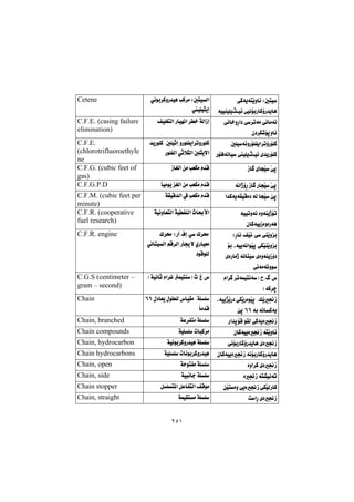 ٢٥١
@ðØóîónŽîìb÷@Zμnï
ï÷@ðïäüiŠbØûŠ‡îbèqóïïåïÝî@@
@ðäíi‹ØìŠ‡ïè@kØ‹à@ZμnïÜa
ïÝïrîg@@
Cetene
@ðäb‚ìŠa†@ð‹móà@ðäbàóä
ç†‹Ù’üqìbä@@
ÒïÝÍnÜa@Šbïéäa@‹‚@óÜaŒg@@C.F.E. (casing failure
elimination)
@NμÝïó÷ìŠüÝÑîa‹mûŠüÝØ
ï÷@ñ‡îŠüÝØqŠüÝÐóäbï@ïÝî@@
@‡îŠíÝØ@NμÝïqg@ìŠíÝÑîa‹mìŠíÝØ
ŠíÝÑÜa@ðqþrÜa@μÝrîýa@@
C.F.E.
(chlorotrifluoroethyle
ne
Œb @ñbvŽï@Žðq@@ŒbÍÜa@æà@kÉÙà@ã‡Ô@@C.F.G. (cubic feet of
gas)
óäaˆûŠ@Œb @ŠbvŽï@Žðq@@ã‡Ô@bïàíî@ÍÜa@æà@kÉÙà@@C.F.G.P.D
@a‡ØóîóÕïÔò†@óÜ@bvŽï@fq@@óÕïÔ‡Üa@À@kÉÙà@ã‡Ô@@C.F.M. (cubic feet per
minute)
@óïïmìóä@òìóåîˆüm
çbØóïîŒòìòŠóè@@
óïäìbÉnÜa@óïÑåÜa@tb¢ÿa@@C.F.R. (cooperative
fuel research)
@ZŠb÷NÒŽï÷Nð@ôåŽîìi
@üi@LóïîóäaíŽïq@ðÙŽïåŽîìi
óåîŒû†@ñòŠbàˆ@óäbnï@ñòì
ðäóàómìí@@
@Û‹«@ZŠeNÓgNð@Û‹«
@ðäbnïÜa@âÔ‹Üa@Šb°ý@ñŠbïÉà
†íÔíÝÜ@@
C.F.R. engine
@ãa‹ @‹móáïnäóI@NÃN‘
HóØ‹š@@
Hóïäbq@ãa‹Ì@áïnåI@tNÏN‘@@C.G.S (centimeter –
gram – second)
@Lóïî‰ŽîŠ†@ðÙŽîŠòíŽïq@NÚŽî−Œ
@ói@óäbØóîVV@fq@@
ßíÝÜ@‘bïÕà@NóÝÝ@@ß†bÉîVV@
bà‡Ô@@
Chain
Ša‡qüÔ@íÕÜ@ðØóîò−Œ@@óÈ‹Ñnà@óÝÝ@@Chain, branched
çbØóïîò−Œ@ónŽîìb÷@@óïÝÝ@pbjØ‹à@@Chain compounds
ðäüiŠbØûŠ‡îbè@ñò−Œ@@óïäíi‹ØìŠ‡ïè@óÝÝ@@Chain, hydrocarbon
çbØóïîò−Œ@óäüiŠbØûŠ‡îbè@@óïÝÝ@pbäíi‹ØìŠ‡ïè@@Chain hydrocarbons
òìa‹Ø@ñò−Œ@@óyínÑà@óÝÝ@@Chain, open
ò−Œ@ón“ïäóm@@óïjäbu@óÝÝ@@Chain, side
æŽïnòì@ðîò−Œ@ðÙŽïÜŠbØ@@ÞÝn¾a@ÞÈbÑnÜa@ÒÔíà@@Chain stopper
oaŠ@ñò−Œ@@óáïÕnà@óÝÝ@@Chain, straight
 