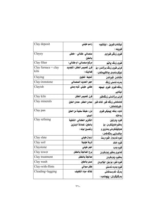 ٢٦٠
@òìín“ïäI@NæîŠíÔ@ñón“ïä
HóåîŠíÔ@@
ï @kaŠ@@Clay deposit
ñìaŠíÔ@ðäŠŒ@õŠíÔ@@@ðÜbÑ @NðÜb—Ý––@@ôÍà
μÜbi@@
Clayey
íŽïÜbq@ÂäŠŒ@õŠíÔ@@HðÜbÑ @ìcI@ðÜb—Ý–@|’‹à@@Clay filter
@üiI@ç‡äaˆ‹i@ÂäŠŒ@õŠíÔ@ðä‹Ð
HñóØóïïØýbš@ñòìóä†‹ÙŽîíä@@
@‡î‡vnÜI@ÞÑÜa@˜ïá¥@ç‹Ð
HênïÜbÉÐ@@
Clay furnace = clay
kiln
@Nç‡äbnÝàç‡äaŠíÔ@@μïm@NÂïÝ¸@@Claying
ÂäŠŒ@b÷@ò†Šói@@ðÜb—Ý—Üa@‡î‡¨a@‹vy@@Clay-ironstone
@ó›áïä@NõŠíÔ@NõŠíÔ@óäòŠ
ðîónïÜ@@
ðÝ–ì@êj’@Nï @NðÝÑ @@Clayish
ŠíÔóäŠŒ@ðä‡äaˆ‹i@ðä‹Ð@@ÞÑÜa@˜ïá¥@ç‹Ð@@Clay kiln
@ŠíÔ@óäbØ@NŠíÔ@óäŠŒ@ðäbØóäbØ
HçbØóäbØŠíÔI@
@ç†bÉàμÜa@ç†bÉà@NÞÑÜa@@Clay minerals
@õŠíÔ@ðÙŽïåïš@óÙåi@Zòìbm
@ón‚ó@@
@μÜa@æà@óïÝÑ@óÕj @ZŠä
kÝ—Üa@
Clay pan
@NæŽïäŒŠbq@òŠíÔ
@üiI@ç†‹ÙåŽîìb‚ŠíÔói
@ì@æîäói@ðä†‹Ù“ŽïØìbè
HñóØóäòŠ@ðîŒbØbš@
@óïÕånÜa@NðÜbÑÜa@‹î‹ÙnÜa
@æîåjÜa@óÜ†bÉ¾I@μÜbi
HêäíÜ@μ¥ì@@
Clay refining
oŠ@òŠíÔ@NŒaì†Šó÷@òŠím@@ï @Œaì†Šc@@Clay slate
Ûb‚@òŠíÔ@@óïåï @ói‹m@@Clay soil
†Šói@òŠíÔ@@ï @‹vy@@Claystone
ç†‹ØòŠbš@ŠíÔói@ñŠíÜóØ@@ÞÑÜbi@ó§bÉ¾a@x‹i@@Clay tower
ç†‹ØòŠbš@òŠíÔói@@ÞÑÜbi@ó§bÉà@@Clay treatment
çüi@üi@ZŠü’@òŠíÔMç†‹iþŽïÜ@@@ÞÈμÜbi@@Clay wash
fnó÷@ò†Šói@òŠíÔ@@ðäaí–@ÞÑ @@Clay-with-flints
ÃŠóiM@ðäbØóòŠóØ
@Hòìóäb›ŽïqI@æm‹Žïn Šói@@
ÓþÌMÒïÝÍnÜa@†aíà@@Cleading=lagging
 