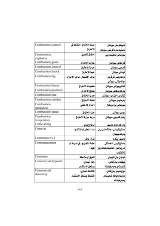 ٢٧٣
@Nçbmìí@ðä†‹Ùåïia†
çbmìí@m‹ a†Šóójnò†@@
@À@âÙznÜa@N×ayýa@Âjš
×ayýa@@
Combustion control
ðîòìóåïÔóm@ðäbmìí@@ñ‹vÑm@×aya@@Combustion,
explosive
çbmìí@ðäbØòŒb @×ayýa@paŒbÌ@Combustion gases
çbmìí@ðïàŠó @×ayﬁa@òŠa‹y@Combustion, heat of
çbmí@ðäa‡ŽïÜ@×ayﬁa@Âj‚@Combustion knock
@Næm‹ ‹ @mìóØaì†
çbmìí@mìóØaì†@
×ayýa@‹‚dm@NßbÉn’ﬁa@‹‚dm@@Combustion lag
çbmìí@ðäaìíšìbäóÜ@×ayýa@pa†íÕÑà@Combustion losses
çbmìí@ðäbØóàóèŠói@×ayýa@w÷bnä@Combustion products
Hña‹Žï‚I@ña‹ÙŽïmçbmìí@×ayﬁa@ß‡Éà@Combustion rate
çbmìí@ñòìbàŠói@×ayÿa@óÝ›Ð@Combustion residue
ÿóØìì†@fi@ðäbmìí@@ðäb‚†ý@×aya@@Combustion
smokeless
çbmìí@ñŠaíi@×ayýa@ïy@Combustion space
çbmìí@ðïàŠó @õóÝq@@×ayýa@òŠa‹y@óuŠ†@@Combustion
temperature
ò†@ñòìòŠóØŒŠói@ñì‡î@ËbÐ‹à@Come-along
@çbî@ç‡äóÙÜóèI@ðä†‹ÙŽïrnò†
HçbåŽïéàóèŠói@
Hxbnäýa@ìc@‹Ñ¨aI@c‡i@@Come in
†‹ÙŽïq@ò†@‹’bi@NË‹’@Commence (v.)
@ðäóèb÷@Nç†‹ÙŽïrnò†
@çbî@óäb£bmíÔóÜI@ç‡äaíšŠò†
HçbØüÙäaŒ@@
@ìc@óŠ‡à@ÀI@wî‹ƒnÜa@óÝÑy
HóïÝØ@@
Commencement
ïjŽïm@çbî@çaì‡ŽïÜ@óÅyþà@ìc@ÖïÝÉm@Comment
Zðäb ŠŒbi@ñón“ïä@@
óäbåŽïèŠóiòì@ñónîb’@
ZñŠb¤@ŒbØŠ@@
Šbárnýa@Öznî@
Commercial deposite
Zðäb ŠŒbi@ñòìóåîŒû†@@
@ñónîb’@óØóîòìóåîŒû†
óäbåŽïèŠóiòì@
ZñŠb¤@Ób“nØa@@
Šbárnýa@Öznî@Ób“nØa@@
Commercial
discovery
 