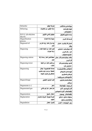٣٠٧
òŠóÙÜbmói@ðäóàómìí@@†íÔíÜa@óÌ‹Ñà@@Defueller
@òìóä†‹ÙŽïÜ@ÚŽîím
HçbØóåŽïÜíØóÜI@@
HpbîþÍÜa@æàI@Ší“ÕÜa@óÜaŒg@@Defurring
ó÷@óäaì†μÝïq@ÿüÙîþ @@μÝïqﬁa@ð÷båq@ßíÙïÝÌ@@D.E.G. (di-ethylene
dlycol)
ç†‹iý@Œb @õò†‹Ø@@paŒbÍÜa@óÜaŒg@óïÝáÈ@@Degasification
process
@ðmìóä@Nìa‹iþŽïÜ@Œb @ðmìóä
ŒbŽïi@@
@æà@ßb‚@oîŒ@NŒbÍÜa@ßaà@oîŒ
ŒbÍÜa@@
Degassed oil
@ðmìóäóÜI@òìóä†‹Øbïu@Œb 
@ç†‹iý@Œb @@Hìb‚
H´“Žïèóäa‡ŽïmŒb I@@
@@Hãb©a@ÂÑåÜa@æàI@ŒbÍÜa@Þ—Ð
paŒbÍÜa@óÜaŒa@@
Degassing
@ð’ói@NŒb @ñòìóä†‹Øbïu@ñóÙåi
ç†‹iý@Œb @@
@óÜaŒa@ò‡yì@NŒbÍÜa@Þ—Ð@ó«
ŒbÍÜa@@
Degassing station
@Œb @ñòìóä†‹Øbïu@õíÜóØ
Hìb‚@ðmìóäóÜI@@
@ÂÑåÜa@æàI@ŒbÍÜa@Þ—Ð@x‹i
Hãb©a@@
Degassing tower
@ói@Žïïmbå íà@n“Žïèóä
@ðØóîìŒóm@ðä‡äaŠórŽïm
@ìì†‹ÙàóØ@ñŠbØòŠüä
NHa‡ïn“qìŠìò†@ñóØóåŽïîó óÜ@@
@ßbia@Nóïï båÍ¾a@óÜ†bÉà
@lìbånà@Šbïm@Ša‹yŠbiI@óåÍ¾a
HÂïa@Þ–í¾a@À@˜Ôbånà@@
Degaussing
@îäói@ñòìóä†‹Øbïu
@’ì‹@@
ðÉïjÜa@æîåjÜa@Þ—Ð@@Degazolinage
òìòìíi@ð’b’òíÜóéÙŽïÜ@N@@Þ®g@@Degenerate (v.)
@ñŒb @Nìíiòìóïï’@ñŒb 
ðîóäìí¹bä@ñŒb @Nìb’òíÜóéÙŽïÜ@
ðÜbrà@Ì@ŒbÌ@NÞzåà@ŒbÌ@@Degenerated gas
çìíjïq@Nçb’òíÜóéÙŽïÜ@@„Ñm@Nßþ®g@@Degeneration
@μÜbàa†@ZμÜbàa†@óÜüèó
Žßüèó@ñòìóäb“Øói@@
@Šb®bi@óî‹Ém@Zóî‡ïÝu@ói‹Ém
‡ïÝ§a@@
Deglaciation
çaŠí‚a†@Nòìóiìíjï’@NæîŒŠ@@ßþ®g@N„Ñm@@Degradation
 