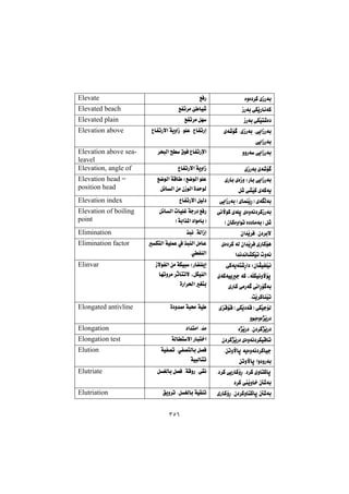 ٣٥٦
òìò†‹Ø@ñŒŠói@@ÊÐŠ@@Elevate
ŒŠói@ðÙŽîŠbäóØ@@ÊÑm‹à@ù bï’@@Elevated beach
ŒŠói@ðÙŽïn’ò†@@ÊÑm‹à@Þé@@Elevated plain
@ñó’ü @NñŒŠói@NðîaŒŠói
ðîaŒŠói@@
ËbÑmŠýa@óîìaŒ@NíÝÈ@NËbÑmŠg@@Elevation above
ììŠó@ðîaŒŠói@@‹zjÜa@|@×íÐ@ËbÑmŠﬁa@@Elevation above sea-
leavel
ñŒŠói@ñó’ü @@ËbÑmŠýa@óîìaŒ@@Elevation, angle of
@ñŠbi@ñòŒì@ZŠbi@ðîaŒŠói
Þ’@ð“ŽïØ@ñóØóî@@
@íÝÈ@ÊšíÜa@óÔb @ZÊšíÜa
Þ÷bÜa@æà@çŒíÜa@ò‡yíÜ@@
Elevation head =
position head
ðîaŒŠói@HñbáåŽîŠI@ñóÜói@@ËbÑmŠýa@ÞïÜ†@@Elevation index
@ðäłíØ@õóÝq@ñòìóä†‹ØŒŠói
HçbØòìaím@ò††bàóiI@Þ’@@
@Þ÷bÜa@pbïÝÌ@óuŠ†@ÊÐŠ
Hóia‰¾a@†aíàbiI@@
Elevation of boiling
point
@Nç†‹iýça‡Žî‹Ð@@‰jä@NóÜaŒg@@Elimination
@ñò†‹Ø@óÜ@ça‡Žî‹Ð@ñŠbØüè
a‡ä‡äb“ÙŽïm@pìóä@@
@ÙnÜa@óïÝáÈ@À@‰jåÜa@ÞàbÈ
ðÑåÜa@@
Elimination factor
@ðØóîón’Ša†@ZçbÅïÑÝŽï÷
@ñóØóïîu@óØ@LóÝÙïäìłüq
@ñŠbØ@ðàŠó @ðäaŠü ói
NoŽî‹ØbåŽïm@@
@ŒýíÑÜa@æà@óÙïj@ZŠbÑåÝîg
@‹qdnmý@LÞÙïåÜa@bémì‹à
òŠa‹¨a@Íni@@
Elinvar
@ñÔüÔ@HðÙŽî†óÔI@ðÙŽïuüÜ
ìíiòìò‰ŽîŠ†@@
ò†ì‡¿@ój«@óï @@Elongated antivline
ò‰ŽîŠ†@Nç†‹Ø‰ŽîŠ†@@†a‡nàa@N‡à@@Elongation
ç†‹Ø‰ŽîŠ†@ñòìóä†‹ÙïÔbm@@óÜbnýa@Šbjn‚a@@Elongation test
@Næmìłbq@óîòìóä†‹Øbïu
æmìłbq@aì†ìŠói@@
@NðÑ—nÜbi@Þ—Ð@óïÑ—m
óïjÜbnm@@
Elution
@N†‹Ø@ðîŠbØûŠ@N†‹Ø@ñìbnØbq
†‹Ø@Žîìb‚@´’ói@@
ÞÍÜbi@Þ—Ð@NóÔìŠ@NôÕä@@Elutriate
@ñŠbØûŠ@Nç†‹ØìbnØbq@´’ói@@Öîì‹m@NÞÍÜbi@óïÕåm@@Elutriation
 