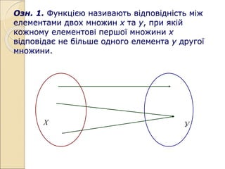 Озн. 1. Функцією називають відповідність між
елементами двох множин х та у, при якій
кожному елементові першої множини х
відповідає не більше одного елемента у другої
множини.
Х У
 