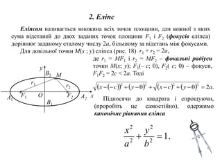 2. Еліпс
Еліпсом називається множина всіх точок площини, для кожної з яких
сума відстаней до двох заданих точок площини F1 і F2 (фокусів еліпса)
дорівнює заданому сталому числу 2a, більшому за відстань між фокусами.
Для довільної точки M(x ; y) еліпса (рис. 18)
x
y
M
A1
A2
B1
B2
F1 F2
r1 r2
O
r1 + r2 = 2a,
де r1 = MF1 і r2 = MF2 – фокальні радіуси
точки M(x; y); F1(– c; 0), F2( c; 0) – фокуси,
F1F2 = 2c < 2a. Тоді
 
        .
2
0
0
2
2
2
2
a
y
c
x
y
c
x 








Підносячи до квадрата і спрощуючи,
(проробіть це самостійно), одержимо
канонічне рівняння еліпса
.
1
2
2
2
2


b
y
a
x
 