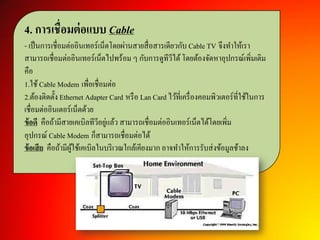 4. การเชื่อมต่อแบบ Cable
- เป็นการเชื่อมต่ออินเทอร์เน็ตโดยผ่านสายสื่อสารเดียวกับ Cable TV จึงทาให้เรา
สามารถเชื่อมต่ออินเทอร์เน็ตไปพร้อม ๆ กับการดูทีวีได้โดยต้องจัดหาอุปกรณ์เพิ่มเติม
คือ
1.ใช้ Cable Modem เพื่อเชื่อมต่อ
2.ต้องติดตั้ง Ethernet Adapter Card หรือ Lan Card ไว้ที่เครื่องคอมพิวเตอร์ที่ใช้ในการ
เชื่อมต่ออินเตอร์เน็ตด้วย
ข้อดี คือถ้ามีสายเคเบิลทีวีอยู่แล้ว สามารถเชื่อมต่ออินเทอร์เน็ตได้โดยเพิ่ม
อุปกรณ์ Cable Modem ก็สามารถเชื่อมต่อได้
ข้อเสีย คือถ้ามีผู้ใช้เคเบิลในบริเวณใกล้เคียงมาก อาจทาให้การรับส่งข้อมูลช้าลง
 