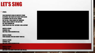 LET’S SING
• LYRICS:
COLD WEATHER'S KIND OF WINTER'S THING
IN SPRING, THE PLANTS GET BACK THEIR BLING
BY SUMMER THEY'RE IN FULL-SWING
BUT IN FALL, THEIR LEAVES GO TUMBLING
DOWN, DOWN, DOWN TO THE BOTTOM
OH, THAT REMINDS ME
SOME FOLKS CALL FALL 'AUTUMN', WELL ANYWAY
WINTER, SPRING
SUMMER, FALL
ONE YEAR, FOUR SEASONS IN ALL
WINTER, SPRING
FOUR SEASONS YOU CAN COUNT THEM ALL
WINTER, SPRING
SUMMER, FALL
ONE YEAR, FOUR SEASONS IN ALL
WINTER, SPRING
SUMMER, FALL
AND NOW YOU KNOW THEM ONCE AND FOR ALL
 