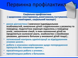 Первинна профілактика
• рання діагностика ( вивчення індивідуальних
особливостей, виявлення дітей з відхиленням у розвитку та
поведінці, педагогічна корекція відхилень у поведінці
учнів ; визначення сімей, в яких вихованню дітей не
приділяється належної уваги, знайомство з сімейними
умовами, допомога батькам у вихованні дітей тощо) ;
• потижневий контроль адміністрації за відвідуванням
учнями школи ;
• робота з класними керівниками щодо попередження
пропусків без поважних причин ;
• просвітницька робота з учнями ;
• просвітницька робота з батьками.
 