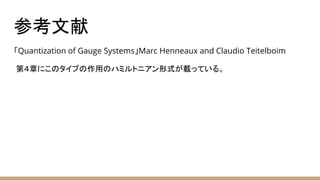 参考文献
「Quantization of Gauge Systems」Marc Henneaux and Claudio Teitelboim
第４章にこのタイプの作用のハミルトニアン形式が載っている。
 