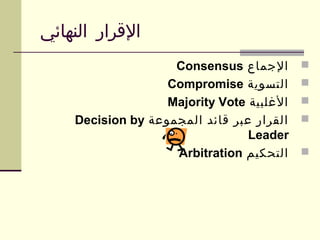 ‫النهائي‬ ‫القرار‬
‫الجماع‬Consensus
‫التسوية‬Compromise
‫الغلبية‬Majority Vote
‫المجموعة‬ ‫قائد‬ ‫عبر‬ ‫القرار‬Decision by
Leader
‫التحكيم‬Arbitration
 