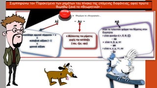 Προσέχω σε ποιες περιπτώσεις βάζω μπροστά από το θέμα συλλαβική αύξηση, δηλ. ένα ἐ-
Συμπληρώνω τον Παρακείμενο των ρημάτων του πίνακα της επόμενης διαφάνειας, αφού πρώτα
θυμηθώ ξανά τα «θεωρητικά» :
 