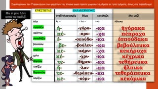 Συμπληρώνω τον Παρακείμενο των ρημάτων του πίνακα αφού πρώτα χωρίσω τα ρήματα σε τρία τμήματα, όπως στο παράδειγμα:
Μα τι μου λένε
αυτά τα παιδιά!
 