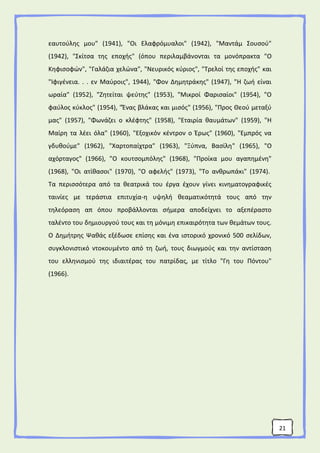 21
εαυτούλης μου" (1941), "Οι Ελαφρόμυαλοι" (1942), "Μαντάμ Σουσού"
(1942), "Σκίτσα της εποχής" (όπου περιλαμβάνονται τα μονόπρακτα "Ο
Κηφισοφών", "Γαλάζια χελώνα", "Νευρικός κύριος", "Τρελοί της εποχής" και
"Ιφιγένεια. . . εν Μαύροις", 1944), "Φον Δημητράκης" (1947), "Η ζωή είναι
ωραία" (1952), "Ζητείται ψεύτης" (1953), "Μικροί Φαρισαίοι" (1954), "Ο
φαύλος κύκλος" (1954), "Ένας βλάκας και μισός" (1956), "Προς Θεού μεταξύ
μας" (1957), "Φωνάζει ο κλέφτης" (1958), "Εταιρία θαυμάτων" (1959), "Η
Μαίρη τα λέει όλα" (1960), "Εξοχικόν κέντρον ο Έρως" (1960), "Εμπρός να
γδυθούμε" (1962), "Χαρτοπαίχτρα" (1963), "Ξύπνα, Βασίλη" (1965), "Ο
αχόρταγος" (1966), "Ο κουτσομπόλης" (1968), "Προίκα μου αγαπημένη"
(1968), "Οι ατίθασοι" (1970), "Ο αφελής" (1973), "Το ανθρωπάκι" (1974).
Τα περισσότερα από τα θεατρικά του έργα έχουν γίνει κινηματογραφικές
ταινίες με τεράστια επιτυχία-η υψηλή θεαματικότητά τους από την
τηλεόραση απ όπου προβάλλονται σήμερα αποδείχνει το αξεπέραστο
ταλέντο του δημιουργού τους και τη μόνιμη επικαιρότητα των θεμάτων τους.
Ο Δημήτρης Ψαθάς εξέδωσε επίσης και ένα ιστορικό χρονικό 500 σελίδων,
συγκλονιστικό ντοκουμέντο από τη ζωή, τους διωγμούς και την αντίσταση
του ελληνισμού της ιδιαιτέρας του πατρίδας, με τίτλο "Γη του Πόντου"
(1966).
 