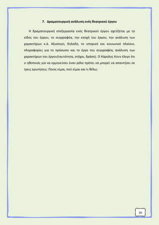 36
7. Δραματουργική ανάλυση ενός θεατρικού έργου
Η δραματουργική επεξεργασία ενός θεατρικού έργου σχετίζεται με το
είδος του έργου, το συγγραφέα, την εποχή του έργου, την ανάλυση των
χαρακτήρων κ.ά. Αξιοποιεί, δηλαδή, το ιστορικό και κοινωνικό πλαίσιο,
πληροφορίες για το πρόσωπο και το έργο του συγγραφέα, ανάλυση των
χαρακτήρων του έργου(ταυτότητα, στόχοι, δράση). Ο Κάρολος Κουν έλεγε ότι
ο ηθοποιός για να ερμηνεύσει έναν ρόλο πρέπει να μπορεί να απαντήσει σε
τρεις ερωτήσεις: Ποιος είμαι, πού είμαι και τι θέλω;
 