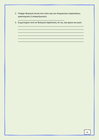 45
2. Υπάρχει θεατρική σκηνή στον τόπο σας που διοργανώνει παραστάσεις
ερασιτεχνικές ή επαγγελματικές;
___________________________________________
3. Συμμετείχατε ποτέ σε θεατρική παράσταση; Αν ναι, σας άρεσε και γιατί;
_____________________________________________________________
_____________________________________________________________
_____________________________________________________________
_____________________________________________________________
_____________________________________________________________
_____________________________________________________________
 