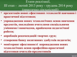 Етапи реалізації,
ІІІ етап - лютий 2013 року - грудень 2014 року
(практично-діяльнісний):
• презентація нових ефективних технологій навчання і
практичної підготовки;
• упровадження нових технологічних основ вивчення
предметів, оволодіння вчителями спеціальними
уміннями і навичками, прийомами педагогічної
роботи;
• апробація рекомендацій творчих груп;
• створення банку позитивних здобутків педагогів;
• моніторинг ефективності впровадження нових
технологічних основ професійно-практичної
підготовки вчителів-предметників
 