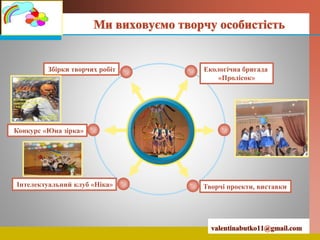 LOGO
Title
Екологічна бригада
«Пролісок»
Збірки творчих робіт
Газета «Соняшник»
Творчі проекти, виставки
Конкурс «Юна зірка»
Інтелектуальний клуб «Ніка»
 