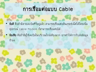 การเชื่อมต่อแบบ Cable
• ข้อดี คือถ้ามีสายเคเบิลทีวีอยู่แล้ว สามารถเชื่อมต่ออินเทอร์เน็ตได้โดยเพิ่ม
อุปกรณ์ Cable Modem ก็สามารถเชื่อมต่อได้
• ข้อเสีย คือถ้ามีผู้ใช้เคเบิลในบริเวณใกล้เคียงมาก อาจทาให้การรับส่งข้อมูล
ช้าลง
 