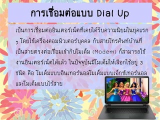 การเชื่อมต่อแบบ Dial Up
เป็นการเชื่อมต่ออินเตอร์เน็ตที่เคยได้รับความนิยมในยุคแรก
ๆ โดยใช้เครื่องคอมพิวเตอร์บุคคล กับสายโทรศัพท์บ้านที่
เป็นสายตรงต่อเชื่อมเข้ากับโมเด็ม (Modem) ก็สามารถใช้
งานอินเตอร์เน็ตได้แล้ว ในปัจจุบันมีโมเด็มให้เลือกใช้อยู่ 3
ชนิด คือ โมเด็มแบบอินเทอร์นอลโมเด็มแบบเอ็กซ์เทอร์นอล
และโมเด็มแบบไร้สาย
 