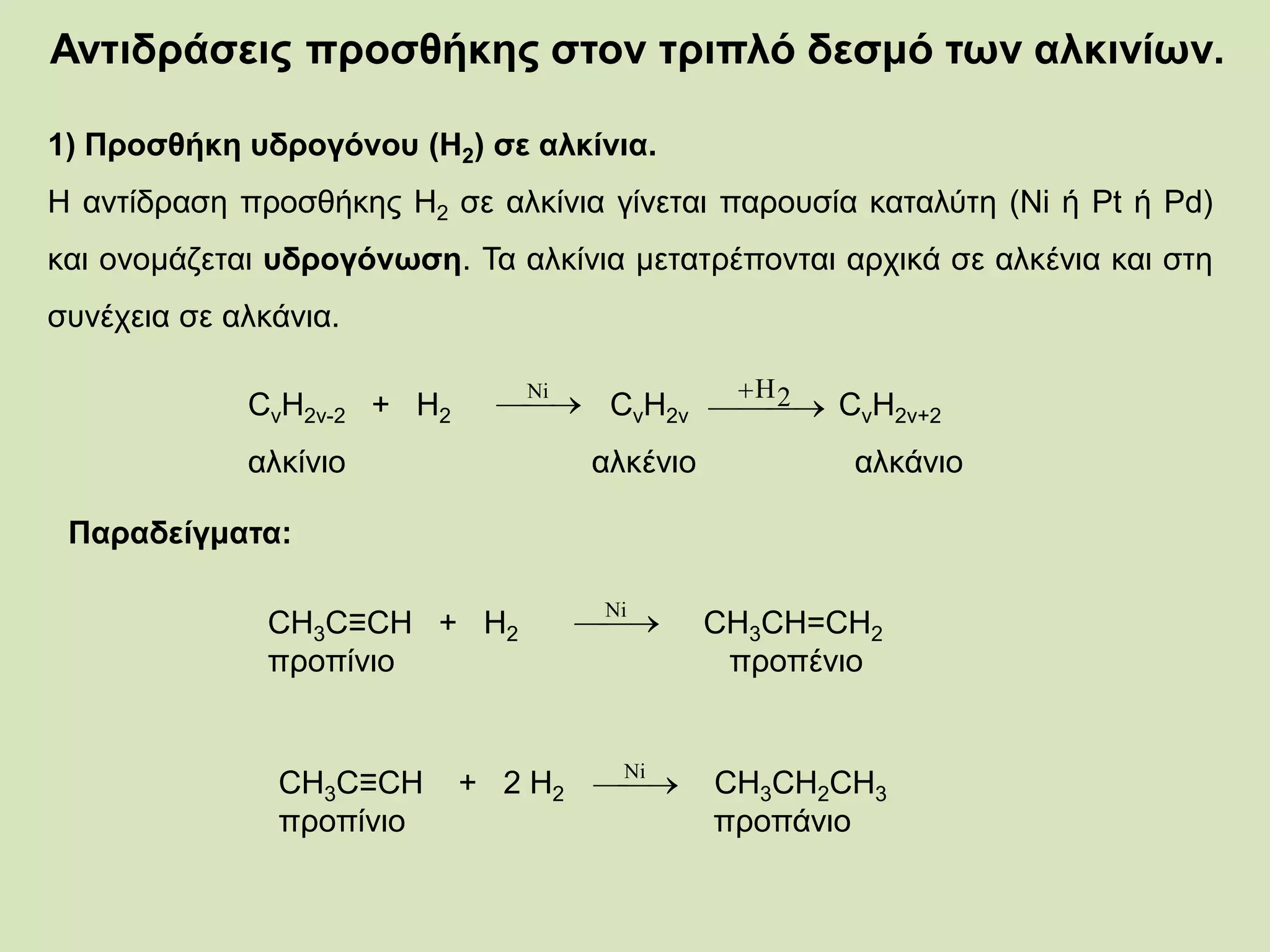 Ανηιδπάζειρ πποζθήκηρ ζηον ηπιπλό δεζμό ηων αλκινίων.
1) Πποζθήκη ςδπογόνος (Η2) ζε αλκίνια.
Η ακηίδναζδ πνμζεήηδξ Η2 ζε αθηίκζα βίκεηαζ πανμοζία ηαηαθύηδ (Ni ή Pt ή Pd)
ηαζ μκμιάγεηαζ ςδπογόνωζη. Τα αθηίκζα ιεηαηνέπμκηαζ ανπζηά ζε αθηέκζα ηαζ ζηδ
ζοκέπεζα ζε αθηάκζα.
CκΗ2κ-2 + Η2 CκΗ2κ CκH2κ+2
αθηίκζμ αθηέκζμ αθηάκζμ
Ni 2Η
Παπαδείγμαηα:
CH3C≡CH + H2 CH3CH=CH2
πνμπίκζμ πνμπέκζμ
Ni
CH3C≡CH + 2 H2 CH3CH2CH3
πνμπίκζμ πνμπάκζμ
Ni
 