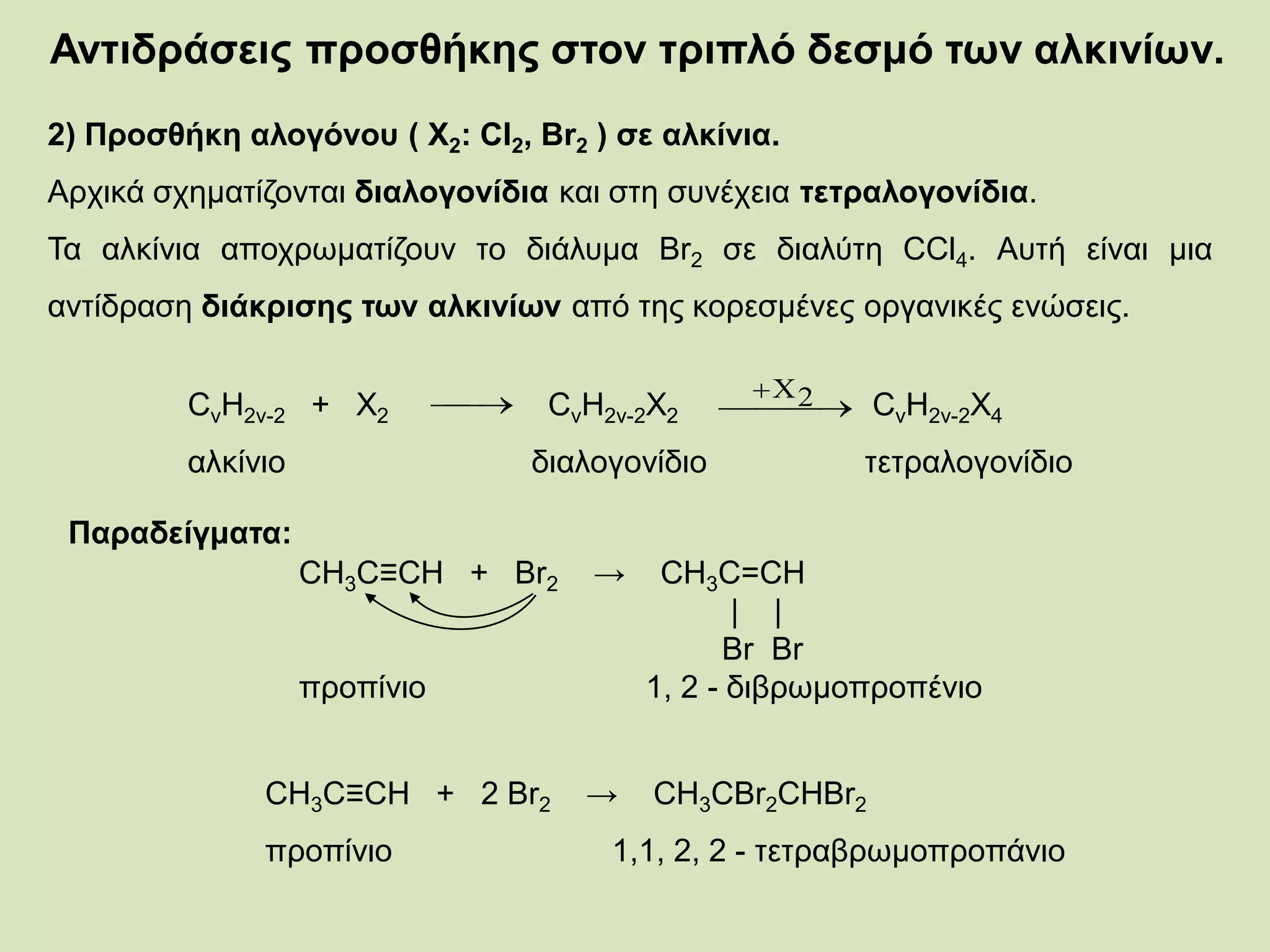 Ανηιδπάζειρ πποζθήκηρ ζηον ηπιπλό δεζμό ηων αλκινίων.
2) Πποζθήκη αλογόνος ( Χ2: Cl2, Br2 ) ζε αλκίνια.
Ανπζηά ζπδιαηίγμκηαζ διαλογονίδια ηαζ ζηδ ζοκέπεζα ηεηπαλογονίδια.
Τα αθηίκζα απμπνςιαηίγμοκ ημ δζάθοια Br2 ζε δζαθύηδ CCl4. Αοηή είκαζ ιζα
ακηίδναζδ διάκπιζηρ ηων αλκινίων από ηδξ ημνεζιέκεξ μνβακζηέξ εκώζεζξ.
CκΗ2κ-2 + Χ2 CκΗ2κ-2Χ2 CκH2κ-2Χ4
αθηίκζμ δζαθμβμκίδζμ ηεηναθμβμκίδζμ
2Χ
CH3C≡CH + 2 Br2 → CH3CBr2CHBr2
πνμπίκζμ 1,1, 2, 2 - ηεηναανςιμπνμπάκζμ
CH3C≡CH + Br2 → CH3C=CH
| |
Br Br
πνμπίκζμ 1, 2 - δζανςιμπνμπέκζμ
Παπαδείγμαηα:
 