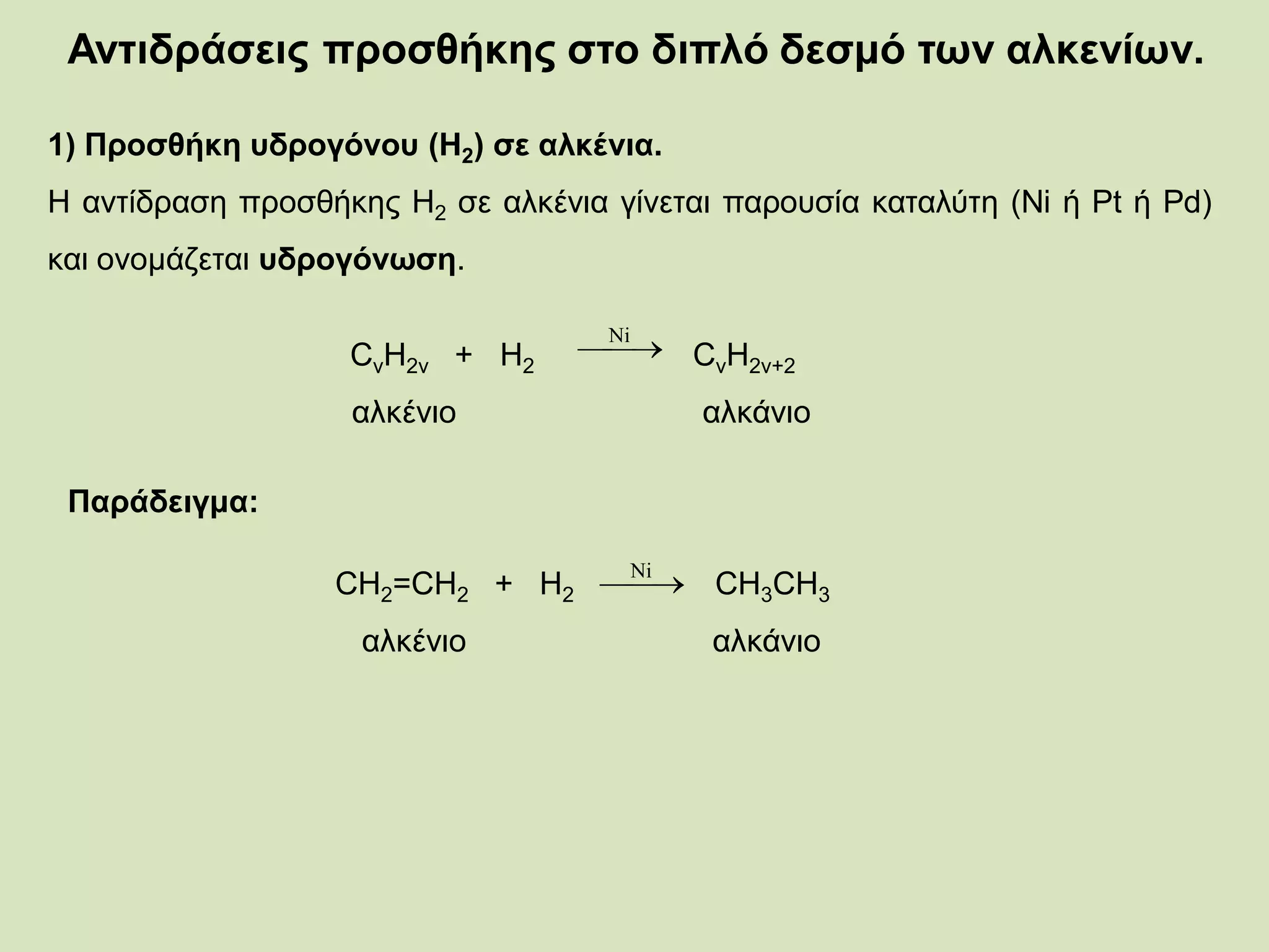 Ανηιδπάζειρ πποζθήκηρ ζηο διπλό δεζμό ηων αλκενίων.
1) Πποζθήκη ςδπογόνος (Η2) ζε αλκένια.
Η ακηίδναζδ πνμζεήηδξ Η2 ζε αθηέκζα βίκεηαζ πανμοζία ηαηαθύηδ (Ni ή Pt ή Pd)
ηαζ μκμιάγεηαζ ςδπογόνωζη.
CκΗ2κ + Η2 CκΗ2κ+2
αθηέκζμ αθηάκζμ
Ni
Παπάδειγμα:
CH2=CH2 + Η2 CH3CH3
αθηέκζμ αθηάκζμ
Ni
 