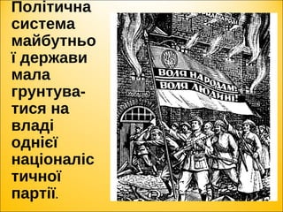 Політична
система
майбутньо
ї держави
мала
грунтува-
тися на
владі
однієї
націоналіс
тичної
партії.
 