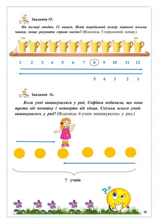 10
Завдання 15.
На полиці стоїть 12 чашок. Який порядковий номер матиме восьма
чашка, якщо рахувати справа наліво? (Відповідь: 5 порядковий номер.)
1 2 3 4 5 6 7 8 9 10 11 12
5 4 3 2 1
Завдання 16.
Коли учні вишикувалися у ряд, Софійка побачила, що вона
третя від початку і четверта від кінця. Скільки всього учнів
вишикувалось у ряд? (Відповідь: 6 учнів вишикувалось у ряд.)
? учнів
 