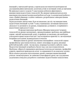інновацій у навчальний процес, я проводиласистематичнімоніторингові
дослідження рівня навчальних досягнень учнів та мотивації учнів до навчання.
На прикладі одного з класів (7 клас) можна побачити ефективність
використання педагогічних технологій. На діаграмі приведені результати
виконання підсумкової контрольноїроботиза6 клас та контрольної роботиз
теми «Лінійні рівняння з однією змінною», розробленоюз використанням
педагогічних інновацій.
За результатами діагностики, було встановлено, що під час використання
педагогічних інновацій в учнів 7 класу підвищилась мотивація навчальної
діяльності та активність на уроках, покращилась успішність в порівнянні з
аналогічним періодом в 6 класі.
В процесівивчення проблеми«Використання комп’ютерних
технологій на уроках математики», проаналізувавши проблему, яка найбільш
сприяє якісній математичній освіті, я прийшла до висновку, що необхідно
узагальнити кращі педагогічні ідеї і застосовуватив практиці те. що відповідає
потребам сьогодення, індивідуальності вчителя.
Використання на уроках математики інноваційних технологій сприяє
професійному зростаннювчителя, змінює атмосферу на уроці, викликає
робочийнастрійу дітей, і як наслідок, покращується якість набутих знань.
Педагогічні інновації потребують багато часу для підготовкивчителя.
Необхідно зібрати й опрацювати оригінальні вчительськізнахідки, професійні
секрети, практичні приклади від колег та опрацювати їх на власному досвіді.
Після кількох ретельно підготовлених уроків з використанням інновацій
учитель зможевідчувати, як змінилася атмосферана уроці, що слугуватиме
додатковим стимулом для роботиз новітніми педагогічними технологіями.
 