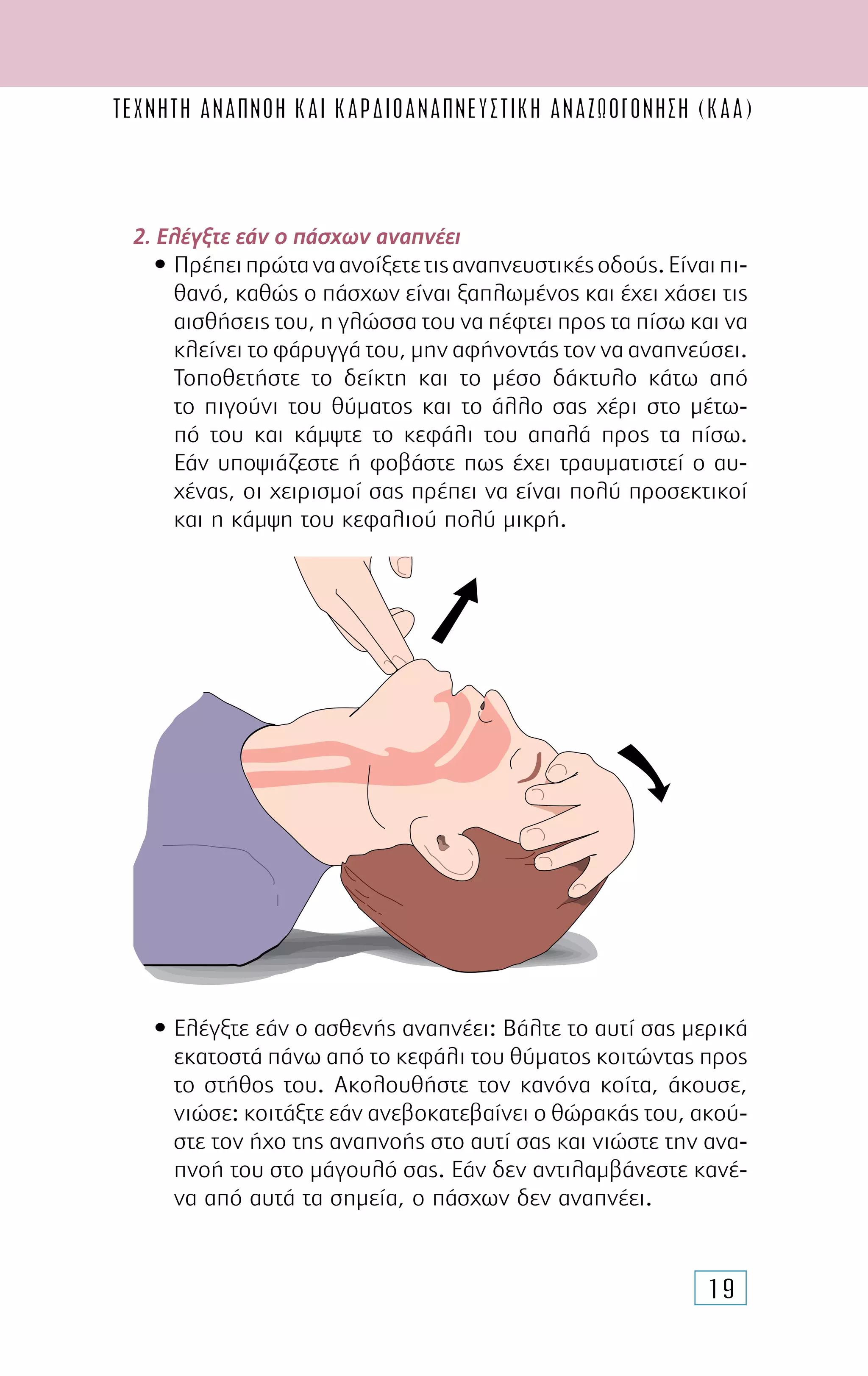 19
ΤΕΧΝΗΤΗ ΑΝΑΠΝΟΗ ΚΑΙ καρδιοαναπνευστικH αναζωογΟνηση (ΚΑΑ)
2. Ελέγξτε εάν ο πάσχων αναπνέει
• Πρέπειπρώταναανοίξετετιςαναπνευστικέςοδούς.Είναιπι-
θανό, καθώς ο πάσχων είναι ξαπλωµένος και έχει χάσει τις
αισθήσεις του, η γλώσσα του να πέφτει προς τα πίσω και να
κλείνει τo φάρυγγά του, µην αφήνοντάς τον να αναπνεύσει.
Τοποθετήστε το δείκτη και το µέσο δάκτυλο κάτω από
το πιγούνι του θύµατος και το άλλο σας χέρι στο µέτω-
πό του και κάµψτε το κεφάλι του απαλά προς τα πίσω.
Εάν υποψιάζεστε ή φοβάστε πως έχει τραυµατιστεί ο αυ-
χένας, οι χειρισµοί σας πρέπει να είναι πολύ προσεκτικοί
και η κάµψη του κεφαλιού πολύ µικρή.
• Ελέγξτε εάν ο ασθενής αναπνέει: Βάλτε το αυτί σας µερικά
εκατοστά πάνω από το κεφάλι του θύµατος κοιτώντας προς
το στήθος του. Ακολουθήστε τον κανόνα κοίτα, άκουσε,
νιώσε: κοιτάξτε εάν ανεβοκατεβαίνει ο θώρακάς του, ακού-
στε τον ήχο της αναπνοής στο αυτί σας και νιώστε την ανα-
πνοή του στο µάγουλό σας. Εάν δεν αντιλαµβάνεστε κανέ-
να από αυτά τα σηµεία, ο πάσχων δεν αναπνέει.
 