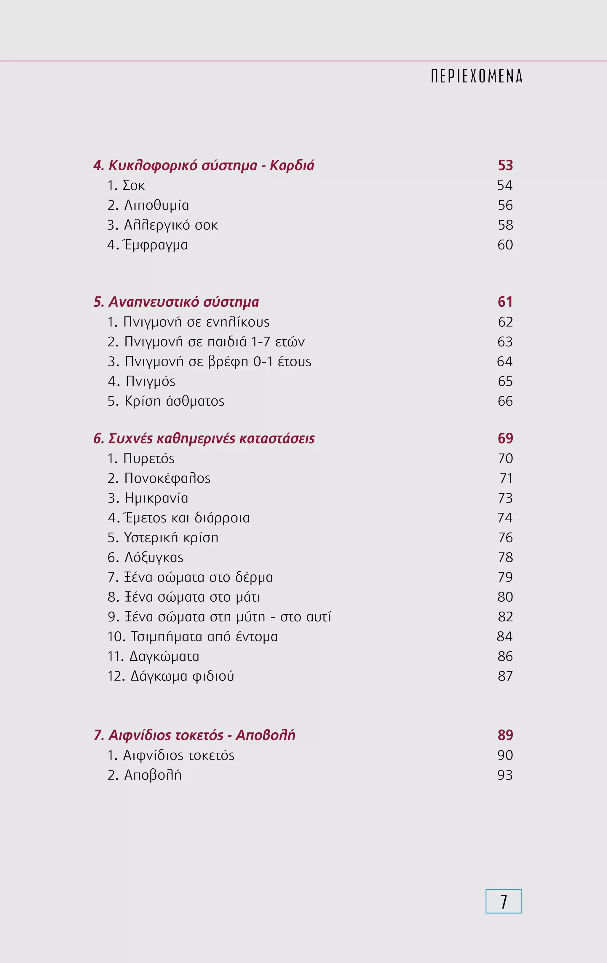 7
ΠΕΡΙΕΧΟΜΕΝΑ
4. Κυκλοφορικό σύστηµα - Καρδιά	 53
1. Σοκ	 54
2. Λιποθυµία	 56
3. Αλλεργικό σοκ	 58	
4. Έµφραγµα	 60
5. Αναπνευστικό σύστηµα	 61
1. Πνιγµονή σε ενηλίκους	 62
2. Πνιγµονή σε παιδιά 1-7 ετών	 63
3. Πνιγµονή σε βρέφη 0-1 έτους 	 64
4. Πνιγµός	 65
5. Κρίση άσθµατος	 66
6. Συχνές καθηµερινές καταστάσεις	 69
1. Πυρετός	 70
2. Πονοκέφαλος	 71
3. Ηµικρανία	 73
4. Έµετος και διάρροια	 74
5. Υστερική κρίση	 76
6. Λόξυγκας	 78
7. Ξένα σώµατα στο δέρµα	 79
8. Ξένα σώµατα στο µάτι	 80
9. Ξένα σώµατα στη µύτη - στο αυτί	 82
10. Τσιµπήµατα από έντοµα	 84
11. ∆αγκώµατα	 86
12. ∆άγκωµα φιδιού	 87
7. Αιφνίδιος τοκετός - Αποβολή	 89
1. Αιφνίδιος τοκετός	 90
2. Αποβολή	 93
 