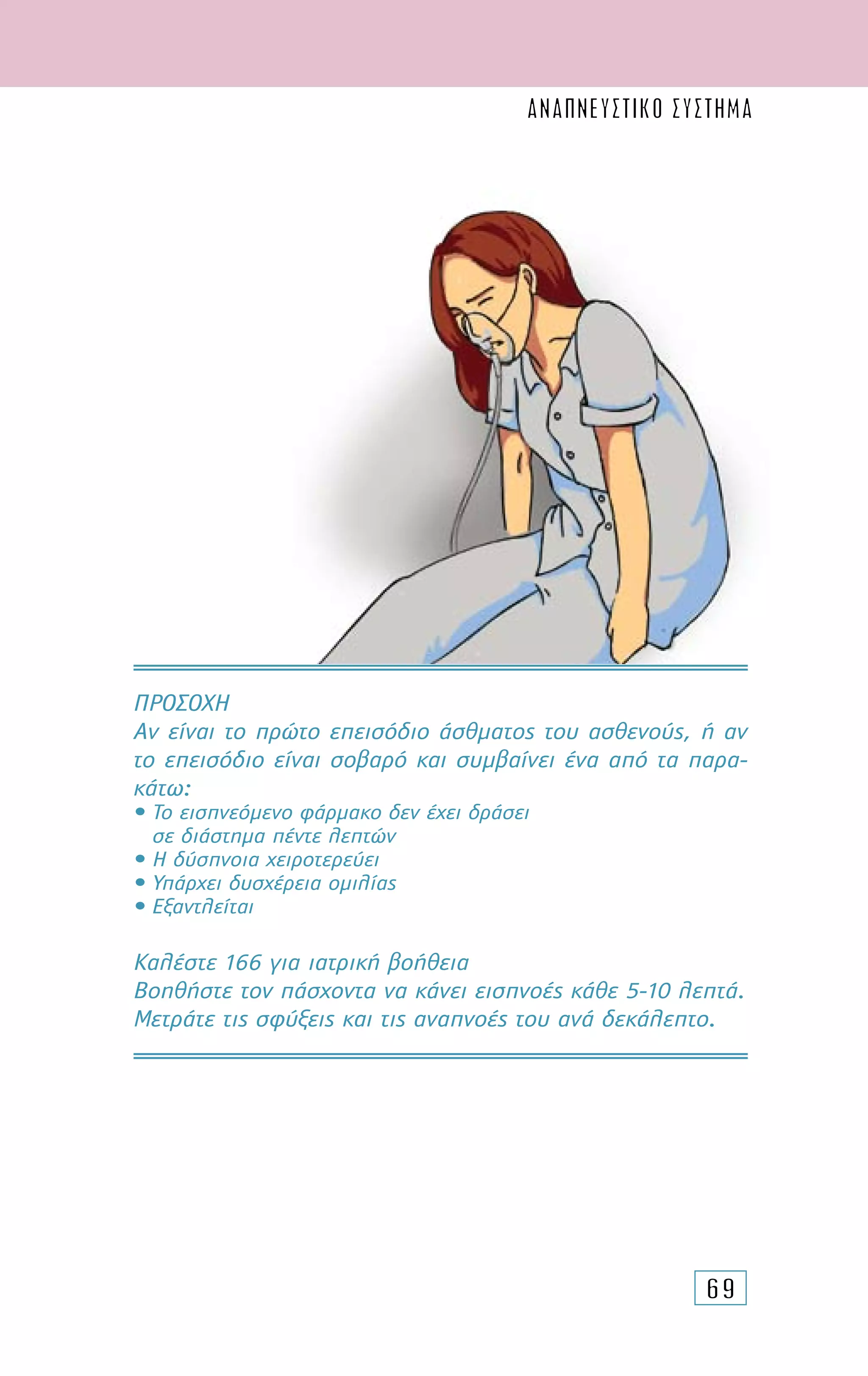 69
Προσοχή
Αν είναι το πρώτο επεισόδιο άσθματος του ασθενούς, ή αν
το επεισόδιο είναι σοβαρό και συμβαίνει ένα από τα παρα-
κάτω:
• Το εισπνεόμενο φάρμακο δεν έχει δράσει
σε διάστημα πέντε λεπτών
• Η δύσπνοια χειροτερεύει
• Υπάρχει δυσχέρεια ομιλίας
• Εξαντλείται
Καλέστε 166 για ιατρική βοήθεια
Βοηθήστε τον πάσχοντα να κάνει εισπνοές κάθε 5-10 λεπτά.
Μετράτε τις σφύξεις και τις αναπνοές του ανά δεκάλεπτο.
ΑΝΑΠΝΕΥΣΤΙΚΟ ΣΥΣΤΗΜΑ
 