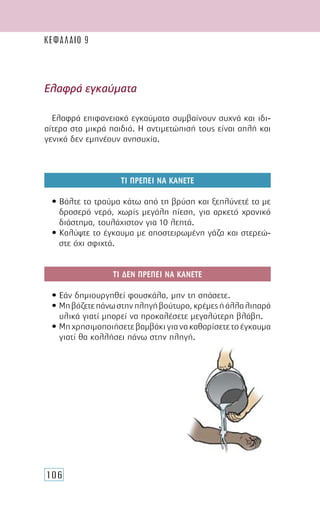 106
Ελαφρά εγκαύµατα
Ελαφρά επιφανειακά εγκαύµατα συµβαίνουν συχνά και ιδι-
αίτερα στα µικρά παιδιά. Η αντιµετώπισή τους είναι απλή και
γενικά δεν εµπνέουν ανησυχία.
ΤΙ ΠΡΕΠΕΙ ΝΑ ΚΑΝΕΤΕ
• Βάλτε το τραύµα κάτω από τη βρύση και ξεπλύνετέ το µε
δροσερό νερό, χωρίς µεγάλη πίεση, για αρκετό χρονικό
διάστηµα, τουλάχιστον για 10 λεπτά.
• Καλύψτε το έγκαυµα µε αποστειρωµένη γάζα και στερεώ-
στε όχι σφιχτά.
ΤΙ ∆ΕΝ ΠΡΕΠΕΙ ΝΑ ΚΑΝΕΤΕ
• Εάν δηµιουργηθεί φουσκάλα, µην τη σπάσετε.
• Μηβάζετεπάνωστηνπληγήβούτυρο,κρέµεςήάλλαλιπα­­ρά
υλικά γιατί µπορεί να προκαλέσετε µεγαλύτερη βλάβη.
• Μηχρησιµοποιήσετεβαµβάκιγιανακαθαρίσετετοέγκαυµα
γιατί θα κολλήσει πάνω στην πληγή.
ΚΕΦΑΛΑΙΟ 9
 