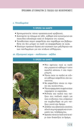 123
Πρόληψη ατυχημάτων σε παιδια και ηλικιωμενουσ
ε. Υπνοδωμάτια
ΤΙ ΠΡΕΠΕΙ ΝΑ ΚΑΝΕΤΕ
• Χρησιμοποιείτε πάντα προστατευτικά κρεβατιού.
• Διατηρείτε το πάτωμα σε τάξη, καθαρό από αντικείμενα και
παιχνίδια ειδικότερα κατά τη διάρκεια της νύχτας.
• Τοποθετήστε σύρτη ασφαλείας στα παράθυρα και βεβαιω-
θείτε ότι δεν μπορεί το παιδί να σκαρφαλώσει σε αυτά.
• Ιδιαίτερη προσοχή δώστε στη σύσταση των μαξιλαριών και
των παπλωμάτων για τον κίνδυνο αλλεργιών.
στ. Εξωτερικοί χώροι – παιδότοποι – ταξίδια
ΤΙ ΠΡΕΠΕΙ ΝΑ ΚΑΝΕΤΕ
• Μην αφήνετε ποτέ το παιδί
στο μπροστινό κάθισμα ή στην
αγκαλιά κάποιου ή στο πορτ-
μπεμπέ.
• Πάντα έχετε τα παιδιά σε ειδι-
κό κάθισμα ασφαλείας στο αυ-
τοκίνητο.
• Να ασφαλίζετε πάντα τις πόρ-
τες του αυτοκινήτου.
• Πάνταεφαρμόστεταφρέναόταν
παρκάρετε το καροτσάκι.
• Μιλήστε στα παιδιά που παί-
ζουν στις παιδικές χαρές για
τους κινδύνους που υπάρχουν
και συμβουλέψτε να μην παί-
ζουν κοντά στο δρόμο.
• Διδάξτε τους βασικούς κανόνες
οδικήςσυμπεριφοράςκαιτηση-
μασία του πεζοδρομίου.
• Κρατάτεπάντατοπαιδίαπότοχέ-
ρι όταν διασχίζετε το δρόμο.
 