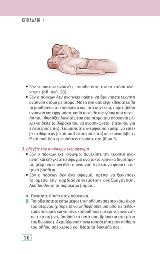 20
• Εάν ο πάσχων αναπνέει, τοποθετήστε τον σε στάση ανά-
νηψης (βλ. σελ. 28).
• Εάν ο πάσχων δεν αναπνέει πρέπει να ξεκινήσετε τεχνητή
αναπνοή στόµα µε στόµα. Με το ένα σας χέρι κλείστε καλά
τα ρουθούνια του πάσχοντα και, στη συνέχεια, πάρτε βαθιά
αναπνοή και εφαρµόστε καλά τα χείλη σας γύρω από τα χεί-
λη του. Φυσήξτε δυνατά µέσα στο στόµα του πάσχοντα µέ-
χρι να δείτε το θώρακά του να ανασηκώνεται (περίπου για
2 δευτερόλεπτα). Σταµατήστε την εµφύσηση µέχρι να κατέ-
βει ο θώρακας (περίπου 4 δευτερόλεπτα) και επαναλάβετε.
Μετά από δύο εµφυσήσεις περάστε στο βήµα 3.
3. Ελέγξτε εάν ο πάσχων έχει σφυγµό
• Εάν ο πάσχων έχει σφυγµό, συνεχίστε την τεχνητή ανα-
πνοή και ελέγχετε το σφυγµό ανά τακτά χρονικά διαστήµα-
τα, µέχρι να επανέλθει η αναπνοή ή µέχρι να φτάσει η ια-
τρική βοήθεια.
• Εάν ο πάσχων δεν έχει σφυγµό, πρέπει να ξεκινήσε­
τε άµεσα την καρδιοαναπνευστική αναζωογόνηση.
Ακο­­λουθήστε τα παρακάτω βήµατα:
α. Γονατίστε δίπλα στον πάσχοντα.
β. Τοποθετήστετοκάτωµέροςτηςπαλάµηςσαςστοκάτωάκρο
του στέρνου (µπορείτε να ψηλαφήσετε µια από τις τελευ-
ταίες πλευρές και να την ακολουθήσετε µέχρι να συναντή-
σετε το στέρνο, δηλαδή το οστό που βρίσκεται στη µέση
τουθώρακα).Ακριβώςαπόπάνωτοποθετήστετηνπαλάµη
του άλλου σας χεριού και δέστε τα δάκτυλά σας.
ΚΕΦΑΛΑΙΟ 1
 