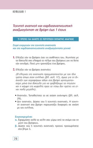 26
Τεχνητή αναπνοή και καρδιοαναπνευστική
αναζωογόνηση σε βρέφη έως 1 έτους
Tί πρεπει να κανετε σε περιπτωση εκτακτης αναγκης
Σειρά ενεργειών της τεχνητής αναπνοής
και της καρδιοαναπνευστικής αναζωογόνησης γενικά
1. Ελέγξτε εάν το βρέφος έχει τις αισθήσεις του. Xτυπήστε µε
το δάκτυλό σας ελαφρά το πέλµα του βρέφους για να δείτε
εάν αντιδρά. Ποτέ µην τραντάζετε ένα βρέφος.
2. Ελέγξτε εάν το βρέφος αναπνέει:
(Ο έλεγχος της αναπνοής πραγµατοποιείται µε τον ίδιο
τρόπο όπως στον ενήλικα (βλ. σελ. 17), όµως για τη δι-
άνοιξη των αεροφόρων οδών στα βρέφη χρησιµοποι-
ούµε µόνο ένα δάκτυλο για να τραβήξουµε το πηγούνι
και η κάµψη της κεφαλής προς τα πίσω δεν πρέπει να εί-
ναι πολύ µεγάλη).
• Αναπνέει. Τοποθετήστε το σε στάση ανάνηψης (βλ. σελ.
29).
• ∆εν αναπνέει. ∆ώστε του 5 τεχνητές αναπνοές. Η τεχνη-
τή αναπνοή στα βρέφη παρουσιάζει διαφορές σε σχέση
µε τον ενήλικα.
Συγκεκριµένα:
α. Εφαρµόστε καλά τα χείλη σας γύρω από το στόµα και τη
µύτη του βρέφους.
β. ∆ώστε του 5 τεχνητές αναπνοές προτού προχωρήσετε
στο βήµα 3.
ΚΕΦΑΛΑΙΟ 1
 