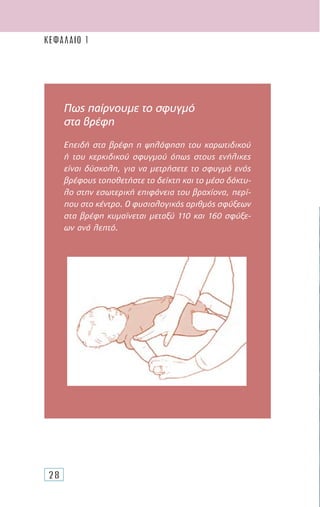28
Πως παίρνουμε το σφυγμό
στα βρέφη
Επειδή στα βρέφη η ψηλάφηση του καρωτιδικού
ή του κερκιδικού σφυγµού όπως στους ενήλικες
είναι δύσκολη, για να µετρήσετε το σφυγµό ενός
βρέφους τοποθετήστε το δείκτη και το µέσο δάκτυ-
λο στην εσωτερική επιφάνεια του βραχίονα, περί-
που στο κέντρο. Ο φυσιολογικός αριθµός σφύξεων
στα βρέφη κυµαίνεται µεταξύ 110 και 160 σφύξε-
ων ανά λεπτό.
ΚΕΦΑΛΑΙΟ 1
 