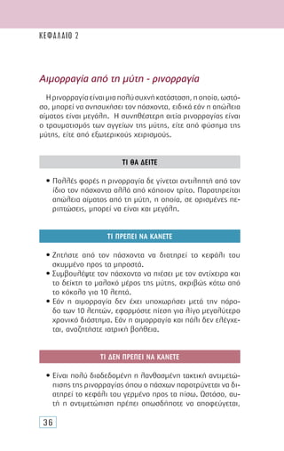 36
Αιµορραγία από τη µύτη - ρινορραγία
Ηρινορραγίαείναιµιαπολύσυχνήκατάσταση,ηοποία,ωστό-
σο, µπορεί να ανησυχήσει τον πάσχοντα, ειδικά εάν η απώλεια
αίµατος είναι µεγάλη. Η συνηθέστερη αιτία ρινορραγίας είναι
ο τραυµατισµός των αγγείων της µύτης, είτε από φύσηµα της
µύτης, είτε από εξωτερικούς χειρισµούς.
ΤΙ ΘΑ ∆ΕΙΤΕ
• Πολλές φορές η ρινορραγία δε γίνεται αντιληπτή από τον
ίδιο τον πάσχοντα αλλά από κάποιον τρίτο. Παρατηρείται
απώλεια αίµατος από τη µύτη, η οποία, σε ορισµένες πε-
ριπτώσεις, µπορεί να είναι και µεγάλη.
ΤΙ ΠΡΕΠΕΙ ΝΑ ΚΑΝΕΤΕ
• Ζητήστε από τον πάσχοντα να διατηρεί το κεφάλι του
σκυµµένο προς τα µπροστά.
• Συµβουλέψτε τον πάσχοντα να πιέσει µε τον αντίχειρα και
το δείκτη το µαλακό µέρος της µύτης, ακριβώς κάτω από
το κόκαλο για 10 λεπτά.
• Εάν η αιµορραγία δεν έχει υποχωρήσει µετά την πάρο-
δο των 10 λεπτών, εφαρµόστε πίεση για λίγο µεγαλύτερο
χρονικό διάστηµα. Εάν η αιµορραγία και πάλι δεν ελέγχε-
ται, αναζητήστε ιατρική βοήθεια.
ΤΙ ∆ΕΝ ΠΡΕΠΕΙ ΝΑ ΚΑΝΕΤΕ
• Είναι πολύ διαδεδοµένη η λανθασµένη τακτική αντιµετώ-
πισης της ρινορραγίας όπου ο πάσχων παροτρύνεται να δι-
ατηρεί το κεφάλι του γερµένο προς τα πίσω. Ωστόσο, αυ-
τή η αντιµετώπιση πρέπει οπωσδήποτε να αποφεύγεται,
ΚΕΦΑΛΑΙΟ 2
 
