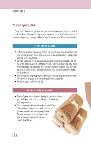 40
Οι µικρής έκτασης τραυµατισµοί είναι συχνό φαινόµενο, ειδι-
κά σε παιδιά. Η σωστή περιποίησή τους είναι πολύ σηµαντική
προκειµένου να αποφευχθούν µολύνσεις ή άλλες επιπλοκές.
ΤΙ ΠΡΕΠΕΙ ΝΑ ΚΑΝΕΤΕ
• Πλύνετε πολύ καλά τα χέρια σας προτού ασχοληθείτε µε
την περιποίηση του τραύµατος. Εάν υπάρχουν, φορέστε
γάντια µιας χρήσης.
• Εάν το τραύµα είναι βρώµικο, ξεπλύνετέ το βάζοντάς το κά-
τω από τρεχούµενο καθαρό νερό. Εάν ο ασθενής δεν έχει
επαναλάβει πρόσφατα την αναµνηστική δόση του αντιτε-
τανικού εµβολίου, συµβουλέψτε τον να αναζητήσει ιατρι-
κή βοήθεια.
• Εάν υπάρχει αιµορραγία, σηκώστε το τραυµατισµένο σκέ-
λος ψηλά, πάνω από το επίπεδο της καρδιάς.
• Καλύψτε µε καθαρή γάζα.
ΤΙ ∆ΕΝ ΠΡΕΠΕΙ ΝΑ ΚΑΝΕΤΕ
• Αποφύγετε την άµεση επαφή µε την πλη-
γή, ειδικά εάν έχετε πληγές ή εκδορές
στα χέρια σας.
• Εάν υπάρχει ενσφηνωµένο µεγάλο
ξένο σώµα µέσα στην πληγή, µην
επιχειρήσετε να το αφαιρέσετε.
Αντιµετωπίστετηναιµορραγία
και κατόπιν αναζητήστε ια-
τρική βοήθεια.
Μικρά τραύµατα
ΚΕΦΑΛΑΙΟ 2
 