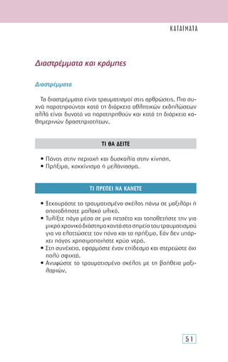 51
∆ιαστρέµµατα και κράµπες
∆ιαστρέµµατα
Τα διαστρέµµατα είναι τραυµατισµοί στις αρθρώσεις. Πιο συ-
χνά παρατηρούνται κατά τη διάρκεια αθλητικών εκδηλώσεων
αλλά είναι δυνατό να παρατηρηθούν και κατά τη διάρκεια κα-
θηµερινών δραστηριοτήτων.
ΤΙ ΘΑ ∆ΕΙΤΕ
• Πόνος στην περιοχή και δυσκολία στην κίνηση.
• Πρήξιµο, κοκκίνισµα ή µελάνιασµα.
ΤΙ ΠΡΕΠΕΙ ΝΑ ΚΑΝΕΤΕ
• Ξεκουράστε το τραυµατισµένο σκέλος πάνω σε µαξιλάρι ή
οποιοδήποτε µαλακό υλικό.
• Τυλίξτε πάγο µέσα σε µια πετσέτα και τοποθετήστε την για
µικρόχρονικόδιάστηµακοντάστοσηµείοτουτραυµατισµού
για να ελαττώσετε τον πόνο και το πρήξιµο. Εάν δεν υπάρ-
χει πάγος χρησιµοποιήστε κρύο νερό.
• Στη συνέχεια, εφαρµόστε έναν επίδεσµο και στερεώστε όχι
πολύ σφιχτά.
• Ανυψώστε το τραυµατισµένο σκέλος µε τη βοήθεια µαξι-
λαριών.
ΚΑΤΑΓΜΑΤΑ
 