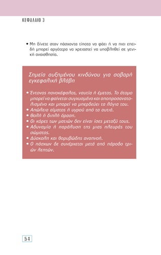 54
• Μη δίνετε στον πάσχοντα τίποτα να φάει ή να πιει επει-
δή µπορεί αργότερα να χρειαστεί να υποβληθεί σε γενι-
κή αναισθησία.
Σηµεία αυξηµένου κινδύνου για σοβαρή
εγκεφαλική βλάβη
• Έντονος πονοκέφαλος, ναυτία ή έµετος. Το άτοµο
µπορείναφαίνεταισυγχυσµένοκαιαποπροσανατο-
λισµένο και µπορεί να µπερδεύει τα λόγια του.
• Απώλεια αίµατος ή υγρού από τα αυτιά.
• Θολή ή διπλή όραση.
• Οι κόρες των µατιών δεν είναι ίσες µεταξύ τους.
• Αδυναµία ή παράλυση της µιας πλευράς του
σώµατος.
• ∆ύσκολη και θορυβώδης αναπνοή.
• Ο πάσχων δε συνέρχεται µετά από πάροδο τρι-
ών λεπτών.
ΚΕΦΑΛΑΙΟ 3
 