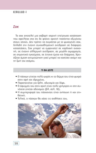 56
Το σοκ αποτελεί µια σοβαρή ιατρική επείγουσα κατάσταση
που οφείλεται στο ότι δε φτάνει αρκετή ποσότητα οξυγόνου
στους ιστούς. ∆εν πρέπει να συγχέεται µε το ψυχογενές σοκ,
δηλαδή την έντονη συναισθηµατική αντίδραση σε διάφορες
καταστάσεις. Σοκ µπορεί να εµφανιστεί σε καρδιακή ανακο-
πή, σε έντονη αλλεργική αντίδραση, σε µεγάλη αιµορραγία,
σε σηµαντικά εγκαύµατα, σε έντονο έµετο και διάρροια. Χρει-
άζεται άµεση αντιµετώπιση γιατί µπορεί να κοστίσει ακόµη και
τη ζωή του ατόµου.
ΤΙ ΘΑ ∆ΕΙΤΕ
• Ο πάσχων γίνεται πολύ ωχρός κι το δέρµα του είναι ψυχρό
στην αφή και ιδρωµένο.
• Παραπονιέται για ζάλη, αδυναµία και δίψα.
• Ο σφυγµός του στην αρχή είναι πολύ γρήγορος κι στη συ-
νέχεια γίνεται αδύναµος (βλ. σελ. 18).
• Η συµπεριφορά του πάσχοντος είναι ανήσυχη ή και επι-
θετική.
• Τελικά, ο πάσχων θα χάσει τις αισθήσεις του.
Σοκ
ΚΕΦΑΛΑΙΟ 4
 